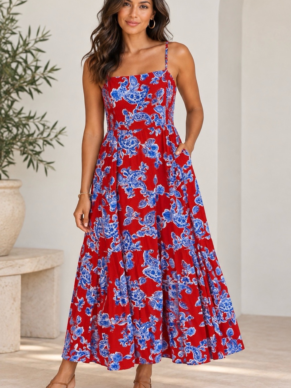 Tommy Hilfiger Red Blue Paisley Tiered Maxi Dress S/P NWOT